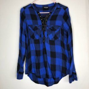 Express Blue and Black Lumber jack plaid flannel lace up shirt